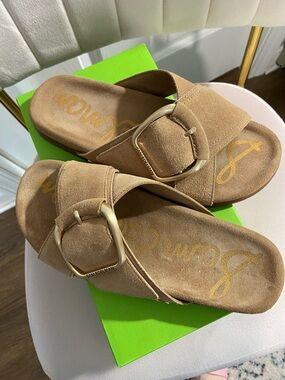 Sam Edelman Tan Suede Buckle Slide Sandals